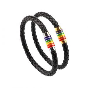 PHOGARY Bracelet De Fierté Gay LGBT Arc-en-Bracelet (2 Packs), Couple Bracelet en Cuir Noir Hommes Bracelet De Femmes avec Arc-en-Ciel Rayé en Acier Inoxydable Fermoir Magnétique 22cm (Skowx, neuf)