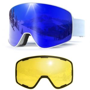 Masque de Ski avec Magn&eacute;tique Lentille Interchangeable,YH212 Lunettes de Ski OTG pour Unisexes Ajustables Anti-UV Coupe-Vent Anti Bu&eacute;e Lunettes de Snowboard pour Ski (05-REVO Bleu/Blanc + Lentille) (Masontex Motor Gear, neuf)