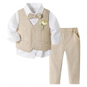 Volunboy Ensemble Costume Bébé Garçon, Cérémonie Formel Mariage 4 Pièces Gilet Chemise Pantalon avec Noeud Papillon (3-4 Ans, Kaki Clair, Taille 110) (Volunboy, neuf)