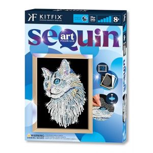 Kitfix - Sequin Art Chat blanc avec cadre en bois - 27 x 36 cm - Sequin Art Blue Premium - Image &agrave; paillettes - Kit de cr&eacute;ation pour adolescents, adultes et enfants de plus de 8 ans - 1711 (Kitfix, neuf)