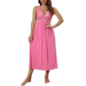 Alcea Rosea Lingerie de Nuit pour Femmes Longue Chemise de Nuit en Dentelle d&eacute;collet&eacute; en V sans Manches Nuisette &eacute;l&eacute;gante S-XXXL (Rose Vif, L) (Gather roses while you may, neuf)