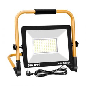 RIGIDON 50W Projecteur Chantier LED avec Prise, 5000LM Portable Lampe de chantier Spot LED Ext&eacute;rieur 6000K Blanc IP66 Etanche pour Garage Terrasse Jardin Atelier Construction (JIANDAO, neuf)
