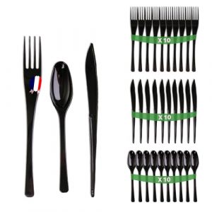 Set 30 couverts noir en plastique dur - Fabriqu&eacute;e en France - M&eacute;nag&egrave;re noire de 10 fourchettes, 10 couteaux, 10 cuill&egrave;res - R&eacute;utilisables et recyclables - Passe au lave vaisselle - Table'Colors (VAISSELLE DISCOUNT, neuf)