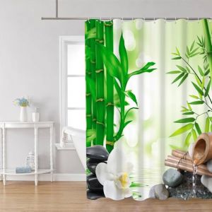 Uiiooazy Rideau Douche Bambou, Rideau de Douche Anti Moisissure 180x200cm Feuilles Vert Orchidée Pierre Noir Rideaux de Baignoire Tissu Lavable Imperméable Polyester Rideaux de Bain avec 12 Crochets (dongguibinjingpinxiaodianpu, neuf)