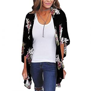 Rétro Élégant Gilet Plage Kimono Femme Veste Cardigan en Mousseline d'été Floral Lâche Demi-Manches de Mode Blouse Châle Sexy Bikini Beachwear Kimono Cardigan Femme Été Mousseline (TB_Shimmer, neuf)