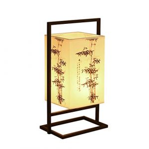 Lampe de Chevet de Chambre &agrave; Coucher Japonaise, Lampe de Table Asiatique Moderne avec Cadre en m&eacute;tal Blanc, Abat-Jour en Tissu cubo&iuml;de avec Motif d'arbre en Bambou, Interrupteur Marche/arr&ecirc;t (With the Yue together, neuf)