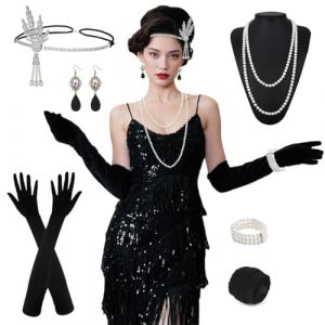 Costume Ann&eacute;es 20 Femme, Robe Gatsby Charleston Flapper Ann&eacute;es 1920 avec Paillettes et Franges, Tenue Vintage avec Accessoires pour Soir&eacute;e D&eacute;guis&eacute;e, Bal, Carnaval, Halloween, F&ecirc;te Ann&eacute;es 20 (L) (NIKLAVS TOMSONS, neuf)