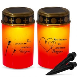 Lot de 2 lanternes funéraires solaires à LED avec capteur crépusculaire et piquet de terre, IP44 résistant aux intempéries, lanterne funéraire LED pour l'extérieur, bougie de cimetière (rouge-A) (dyjy, neuf)