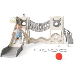 Toboggan pour enfants, grand avec panier de basket, structure d'escalade pour jardin, t&eacute;lescope, espace de rangement (mod&egrave;le Elk Slide-Active 7 en 1 (beige) (Maksimshopco, neuf)