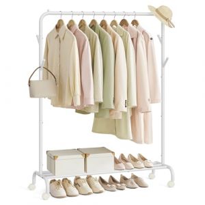 SONGMICS Portant à Vêtements avec Roulettes, 1 Barre, Porte-manteau, en Acier, Charge 50 kg, Largeur de 103,5 cm, Rangement Polyvalent, Blanc HSR131W01 (SONGMICS HOME FR, neuf)