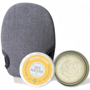 Bee Nature - Gant Exfoliant Gris - Savon au Miel Bio avec Bo&icirc;te &agrave; Savon - Gommage Visage et Corps - Poils Incarn&eacute;s - YUKA 100/100-100g (DYPCARE, neuf)