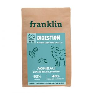 Franklin Protéinée – Croquette Chien – 15kg – sans Céréales – Mono-protéine – Estomacs Sensibles – Spéciale Grand Chien 18mm – Agneau, Patate Douce, Menthe (Franklin Pet Food, neuf)