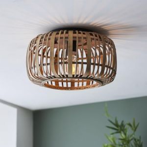 Lightbox Bamboo plafonnier | 22 cm de hauteur, Ø 32 cm | plafonnier boho à intensité variable avec abat-jour en bambou & effet de lumière particulier | douille E27 | pour le salon | en métal/bambou en (Lightbox-Shop, neuf)