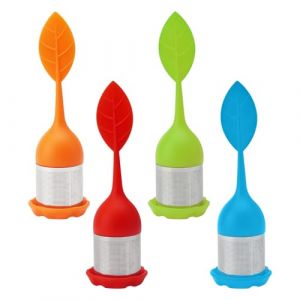 APOMOONS Lot de 4 infuseurs &agrave; th&eacute; en acier inoxydable et silicone - Passoire &agrave; th&eacute; avec couvercle et soucoupe - Boule &agrave; th&eacute; - Filtre &agrave; th&eacute; fin pour les amateurs de th&eacute; (04 pi&egrave;ces - Feuilles 2 (xinzemei, neuf)