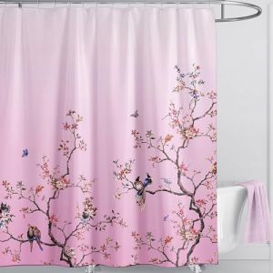 LIVETTY Rideau de douche rose &agrave; motifs d'oiseaux et papillons 180 x 200 cm R&eacute;sistant &agrave; la moisissure en tissu pour salle de bain Convient aux femmes et aux hommes Avec 12 crochets Rideau lavable &agrave; (TITITIRUI, neuf)