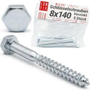 Lun Fix Vis &agrave; Bois 8 x 140 mm Acier Zingu&eacute; &ndash; 5 Pi&egrave;ces | Tirefond Hexagonal | Cheville B&eacute;ton | Support Poteau Bois | Visserie M&eacute;tal | Portillon | Alternative Inox (LUN FIX, neuf)
