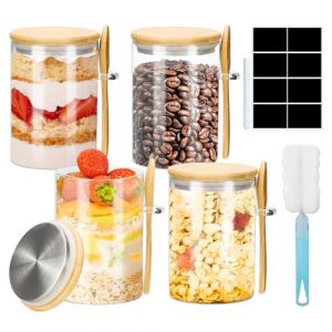 Feelhap Bocal en Verre, Lot de 4 Bocaux de Conservation en Verre avec Herm&eacute;tique Couvercle et Cuill&egrave;re 600 ml Pot en Verre, Overnight Oats Jar, Bocaux Rangement Cuisine pour &Eacute;pices Th&eacute; Grains de Caf&eacute; (CARPATHIAN VISIONS 2025 S.R.L., neuf)