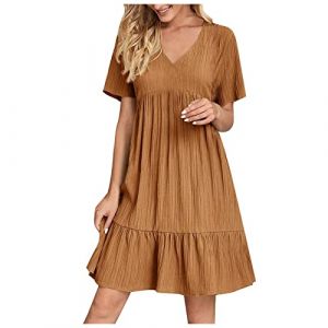 Robe Longue Femme Chic Elegant Col V Manches Courtes &eacute;T&eacute; Boh&egrave;Me Tunique Robe Ample A-Line Mi-Longue Dress Grande Taille D&eacute;Contract&eacute;E Robes Couleur Unie Taille Haute Robes Pour F&ecirc;Ter Vacances Plage (HAOLEI  FR, neuf)