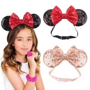 DRESHOW Minnie Oreilles Bandeaux Souris Oreilles Paillettes Arc Bandeaux Ajustable élastique Bandeau Paillettes Fête Décoration Costume Cosplay pour Femmes (Dreshow, neuf)