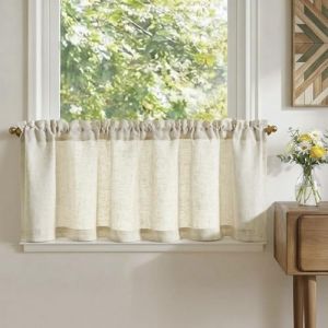 TOPICK Rideau Cuisine Court Brise Bise, Beige 140L x 40H(cm) 1 Panneaux &agrave; Passe Tringle Petit Rideau, pour Fen&ecirc;tre Placard Meuble Bas Chambre Cache Evier，en Effet L&eacute;gers (Audrey Home Fashion, neuf)