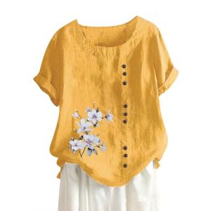 Chemise à manches courtes en coton et lin pour femme - Grande taille - Chemisier à manches courtes - Col rond - Imprimé floral - Chemisier d'été brodé bohème - Tunique pour femme, Z1 jaune., XXX-Large (ganjun store, neuf)