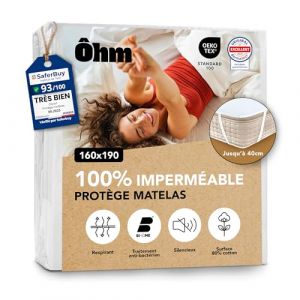 Prot&egrave;ge Matelas 160x190 cm | Al&egrave;se Imperm&eacute;able en Coton | 4 Coins Elastiques | Absorbant et Anti-acariens | Compatible Jusqu'&agrave; 40 cm | Silencieux et Hypoallerg&eacute;nique | Certifi&eacute; Oeko-TEX | &Ocirc;hm (Ohm textile &agrave; la fran&ccedil;aise, neuf)