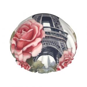 Bonnet de douche imprimé fleur de rose tour Eiffel pour femme drôle - réutilisable | Bonnet de cheveux fantaisie pour le bain | Chapeau de couche (Qingchede77Stro, neuf)