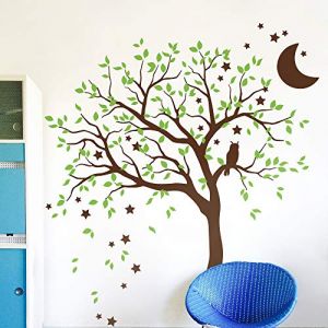 Grand arbre autocollant mural avec hibou, lune et étoiles Décoration murale chambre d'enfant 088 (Branches à gauche, Marron, Vert tilleul) (Studio Quee, neuf)