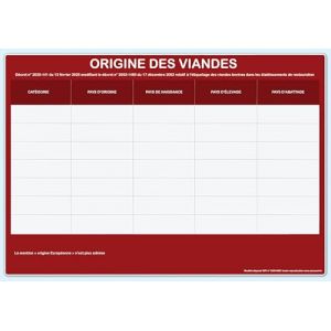 Tableau d'origine des viandes - Affichage OBLIGATOIRE pour tout &eacute;tablissement de restauration - format paysage - Affichage format A4 plastifi&eacute;, Matt. (vapotez-francais, neuf)