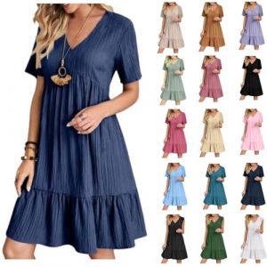 HAOLEI Robe Ete Femme Chic Elegant Col V Manches Courtes Boh&egrave;Me Tunique Robe Ample A-Line Mi-Longue Dress Grande Taille D&eacute;Contract&eacute;E Robes Couleur Unie Taille Haute Robes pour F&ecirc;Ter Vacances Plage (HAOLEI  FR, neuf)