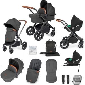 Poussette Tout-Terrain 12pcs Ickle Bubba Stomp Luxe – Système de Voyage 3 en 1 avec Siège Auto i-Size Cirrus + Base ISOFIX – Siège Réversible, Landau & Accessoires (Noir/Gris anthracite/Beige) (Ickle Bubba FR, neuf)