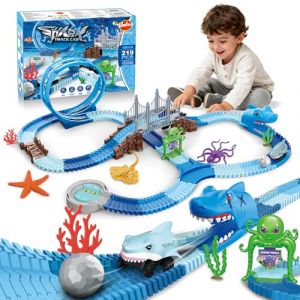 VATOS Jouet de course de requin - 219 pi&egrave;ces - Kit de circuit de course flexible avec boucles &agrave; 360&deg; - Voiture requin &eacute;lectrique - Jouet d'anniversaire pour gar&ccedil;ons et filles &agrave; partir de 3 &agrave; 8 ans (XIAOMA ONLINE EU, neuf)