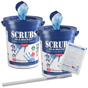 Lot de 2 seaux SCRUBS dans un seau - 72 lingettes de nettoyage pour les mains impr&eacute;gn&eacute;es par seau - Lingettes de nettoyage pour les mains dans un sac - Avec 2 crayons DEWEPRO&reg; et 2 lingettes DEWEPRO&reg; (derwerkzeugprofi, neuf)
