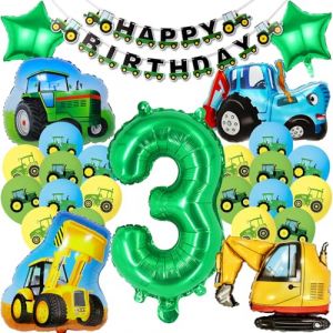 28 Pi&egrave;ces Ballons Tractopelle 3 Ans, Kit D&eacute;coration Anniversaire Tracteur, Aluminium Ballon de V&eacute;hicule D'Ing&eacute;nierie pour Enfants, Construction Th&egrave;me F&ecirc;te Deco (MEIQIONGSHAO LIMITED, neuf)