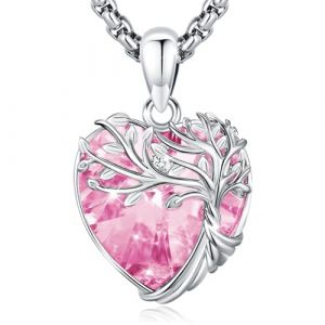 Eusense Collier Arbre de Vie Femme Pendentif Quartz Rose en Forme de C&oelig;ur Collier Famille Cadeau Anniversaire, Saint-Valentin pour Elle, Bijou Fin (OUSHENG JEWELRY, neuf)