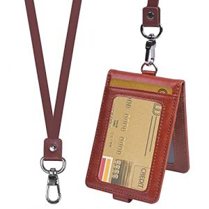 smatime Porte Badge Carte Titulaire de Carte D'identité Porte Badge D'identification en Cuir Protection Pochettes avec Cordon pour Carte de Crédit Étudiant Visite, 3 Carte Fente & 2 ID Fenêtre, Marron (chenzyun, neuf)