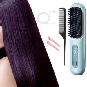 Brosse &agrave; lisser les cheveux sans fil, 2 en 1 for lisser les boucles, peigne &agrave; lisser de voyage rechargeable, 3 r&eacute;glages de temp&eacute;rature, cadeau for femme(Blue) (fulaitianeu, neuf)