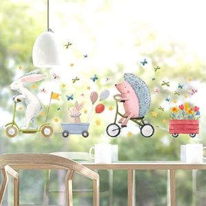 WandSticker4U®- Stickers fenêtre animaux de la forêt LAPIN & HÉRISSON réutilisable I Autocollant fenêtre enfant animaux papillons étoiles I Stickers vitres décoratifs chambre bébé enfant fille garçon (WandSticker4U®, neuf)