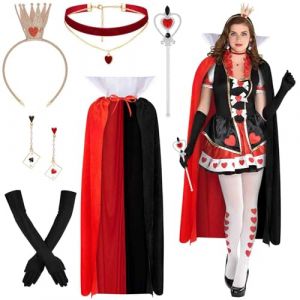 BTHRORO 6 Pi&egrave;ces Costume Reine de C&oelig;ur Femme, Cape de Reine Baguette de Reine Gants Boucles d'oreilles Collier Couronne Accessoires de Cosplay pour Adulte D&eacute;guisement de F&ecirc;te de Carnaval d'Halloween (XOSRT, neuf)