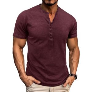 LAOARA Tee Shirt Homme T Shirt T-Shirts &agrave; Manches Courtes Homme Coton Henley Vintage Col Tunisien Boutons Et&eacute; Bourgogne 2XL (Laoara Store, neuf)