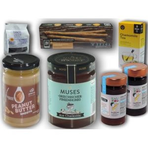 Sweet Greece Coffret Petit-Déjeuner|Produits grecs(7 pièces).Miel de Chalcidique,confitures sans sucre,raisins secs,thé à la camomille,beurre de cacahuète,gressins.Petit-déjeuner méditerranéen sain. (ELE PREMIUM FRUCTUS, neuf)