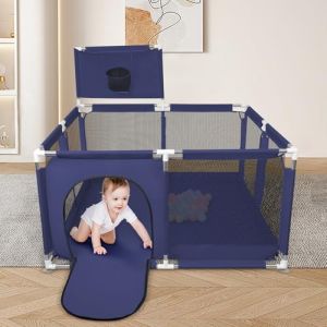 OHMG Parc Bebe, Avec 4 Anneaux Pour B&eacute;b&eacute;+50 Balles,Parc Bebe Pliable Parc Pour B&eacute;b&eacute; Grande Avec Filet Respirant Et Fermeture &eacute;clair,Int&eacute;rieur&Ext&eacute;rieur,Basketball Rack (Cacher le bleu-126*126*66cm) (jusiZL, neuf)