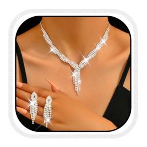 Fashband Parure de bijoux de mariage en argent avec n&oelig;ud, set de bijoux de mari&eacute;e avec strass, colliers pour costume de bal pour femmes, Misura unica, Perle synth&eacute;tique, Pas de gemme (Fashband, neuf)