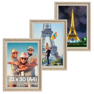 Victor Cadre Photo Rubens Set de 3 - en 21x30 cm (A4) Or Beige - Bar: 30x20mm - Verre Véritable - Châssis pour l'image Baroque - Antique - Vintage 20x30 - A4 Ancien Doré (Victor_Store, neuf)