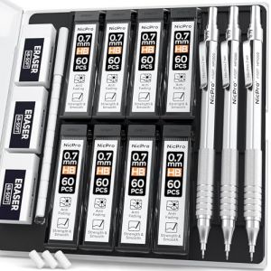 Nicpro 3 Pièces Porte Mine D'artiste Métal, Critérium 0,7 mm avec 6 tubes Recharges de Plomb HB, 3 Gommes, Pour l'écriture d'étudiants, l'esquisse, le dessin (NicproShop EU, neuf)