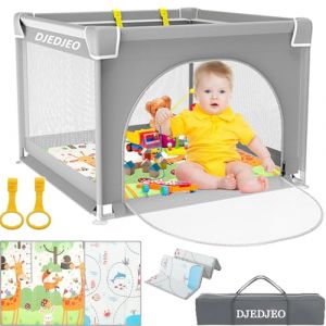Djedjeo Parc Bebe, 90x90cm Parc Bebe avec Tapis, Parc Bébé Pliable avec Porte Zippée et Maille Douce Respirante, Stable Parc Enfant avec 4 Ventouses Inférieures, Centre D'activités pour Enfants (SUNSHINE BABY PARADISE, neuf)