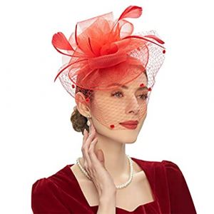 Bibi de mariage pour femme - Chapeau avec pinces à cheveux - Accessoire de cheveux en maille - Tulle - Plumes - Accessoire de cheveux - Barrette à cheveux - Voile pour femme - Pour fête de thé - Rouge (Blausky, neuf)