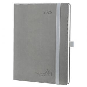 POPRUN Agenda 2026 Semainier 22 x 16,5 cm - Couverture Souple en PU Cuir, Vertical Planner, D'Jan 2026 à Déc 2026-12 Mois, Avec signet à 2 rubans, Papier 100 g/m², Gris (Time Works Wonders, neuf)