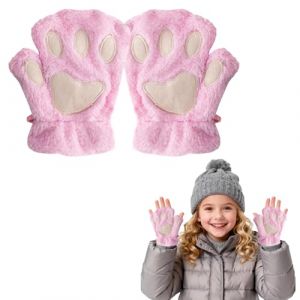 EQLEF Gant Chat Griffe, Gants Sans Doigts Mitaine Filles Patte de Chat Mignon Gants en Peluche D'hiver Chauds Gant Cosplay pour Enfants et Filles (Rose, 17cm) (Cheerful Picks, neuf)