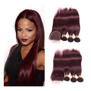 Larafona Hair Tissage Lisse 99J# Naturel Tissage Rouge Fonc&eacute; Humain Cheveux 100% Remy Br&eacute;silien Meches Extensions et Lace Closure (10"12"14"+10"closure) (Larafona Hair Extensions and Wigs, neuf)